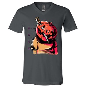 Halloween Pumpkin Head Knife Mug Shot V-Neck T-Shirt