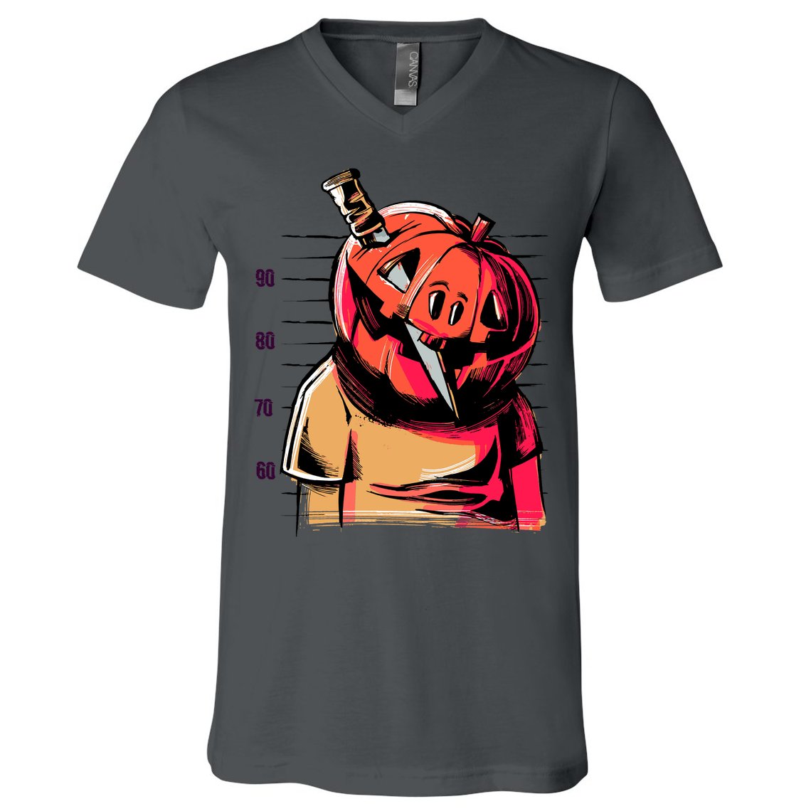 Halloween Pumpkin Head Knife Mug Shot V-Neck T-Shirt
