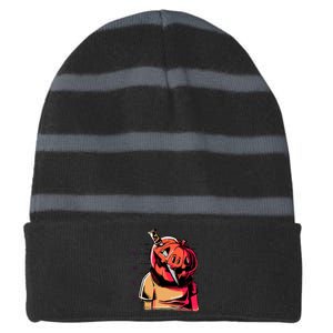 Halloween Pumpkin Head Knife Mug Shot Striped Beanie with Solid Band