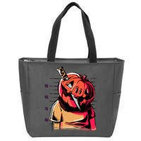 Halloween Pumpkin Head Knife Mug Shot Zip Tote Bag