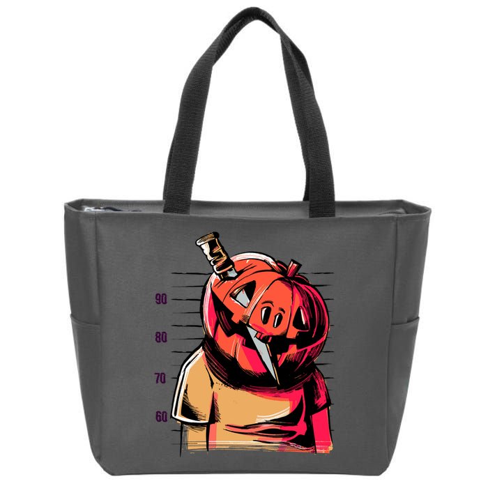 Halloween Pumpkin Head Knife Mug Shot Zip Tote Bag