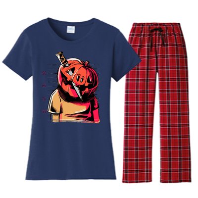 Halloween Pumpkin Head Knife Mug Shot Women's Flannel Pajama Set