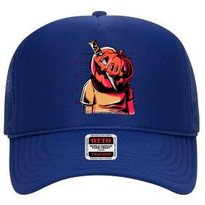 Halloween Pumpkin Head Knife Mug Shot High Crown Mesh Back Trucker Hat