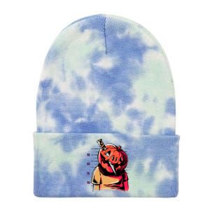 Halloween Pumpkin Head Knife Mug Shot Tie Dye 12in Knit Beanie