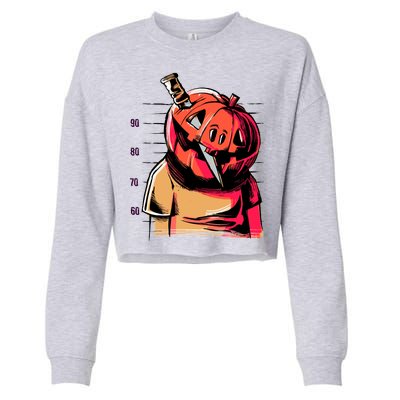 Halloween Pumpkin Head Knife Mug Shot Cropped Pullover Crew