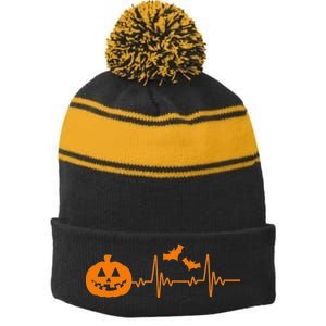 Halloween Pumpkin Heartbeat Pulse Stripe Pom Pom Beanie