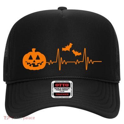 Halloween Pumpkin Heartbeat Pulse High Crown Mesh Back Trucker Hat