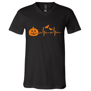 Halloween Pumpkin Heartbeat Pulse V-Neck T-Shirt