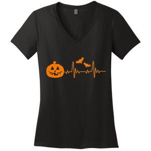 Halloween Pumpkin Heartbeat Pulse Women's V-Neck T-Shirt