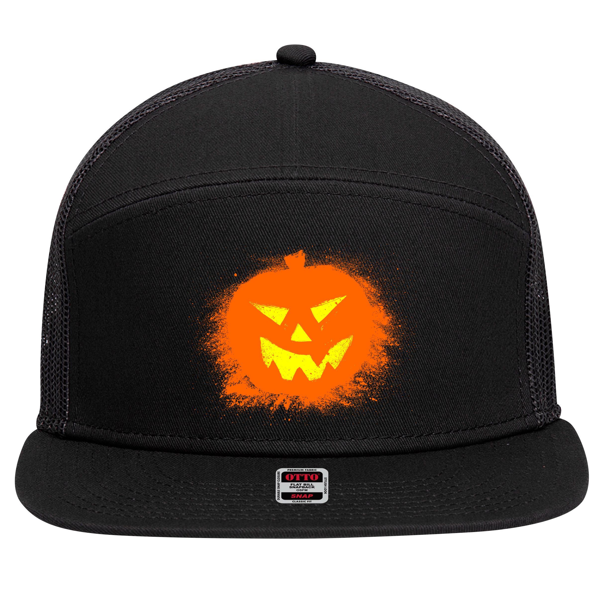 Halloween Pumpkin Jack O Lantern Splatter 7 Panel Mesh Trucker Snapback Hat