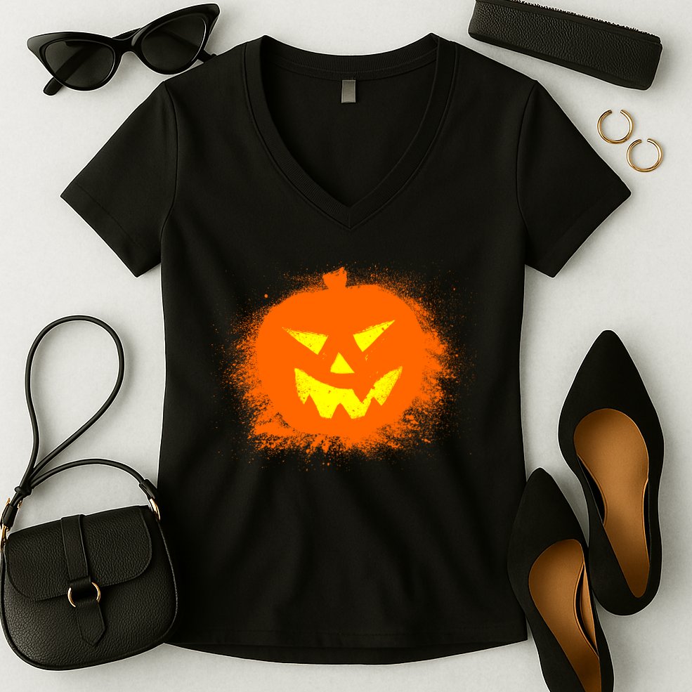 Halloween Pumpkin Jack O Lantern Splatter Women's V-Neck T-Shirt