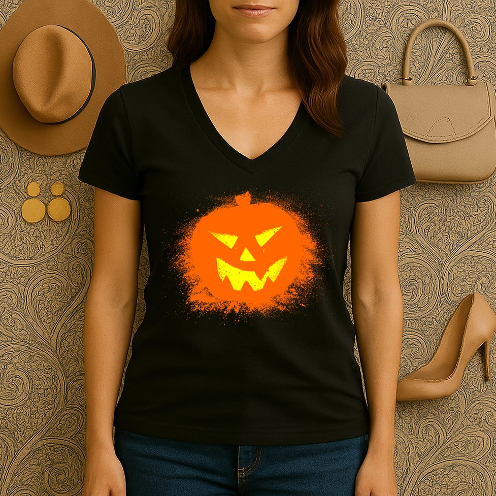 Halloween Pumpkin Jack O Lantern Splatter Women's V-Neck T-Shirt