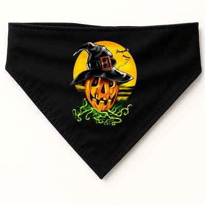 Halloween Pumpkin Wearing Witch Hat USA-Made Doggie Bandana