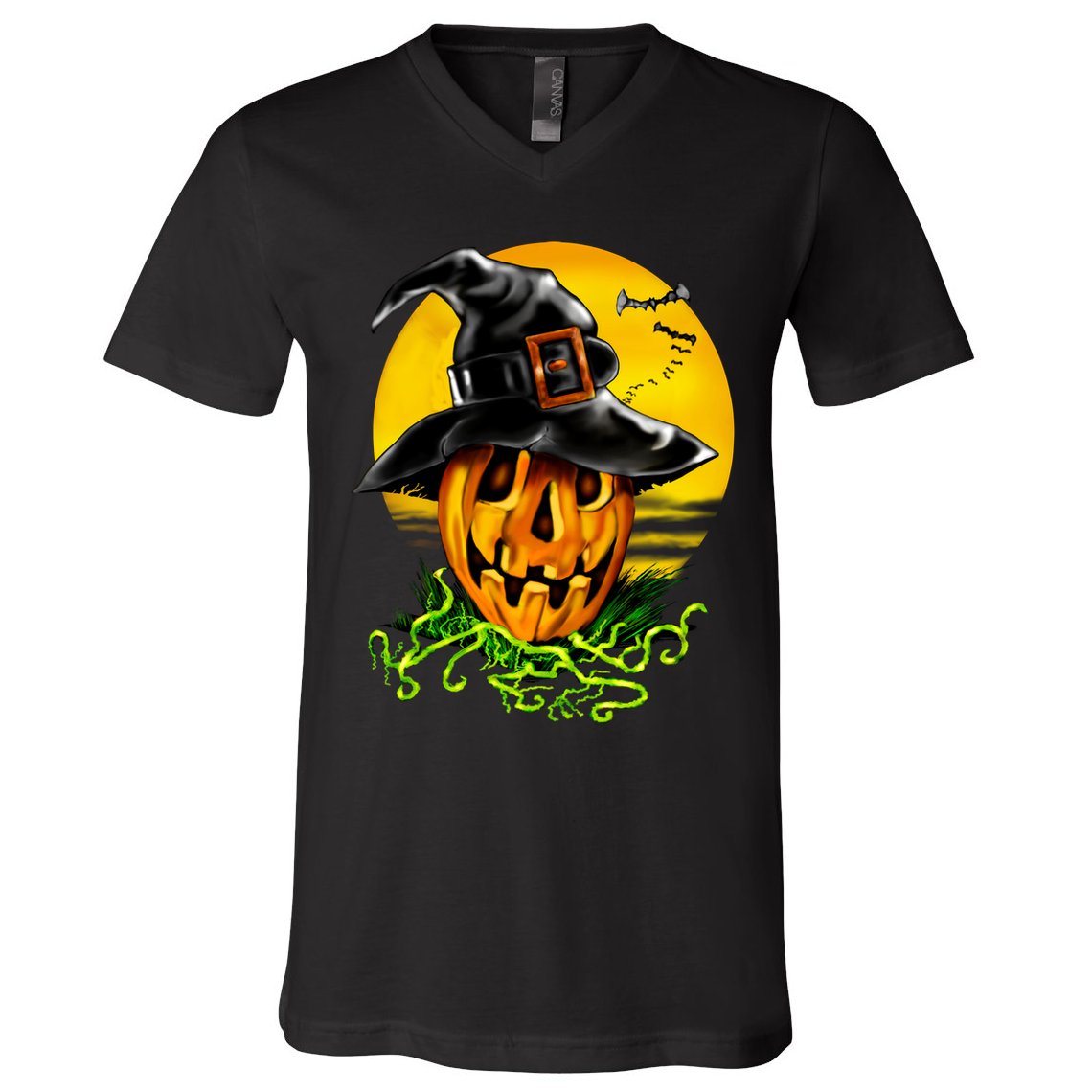 Halloween Pumpkin Wearing Witch Hat V-Neck T-Shirt