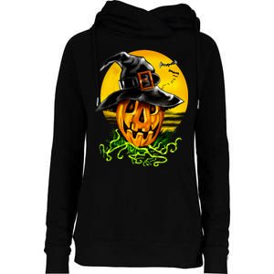 Halloween Pumpkin Wearing Witch Hat Womens Funnel Neck Pullover Hood