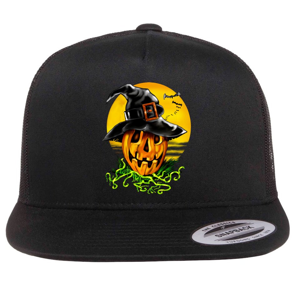 Halloween Pumpkin Wearing Witch Hat Flat Bill Trucker Hat