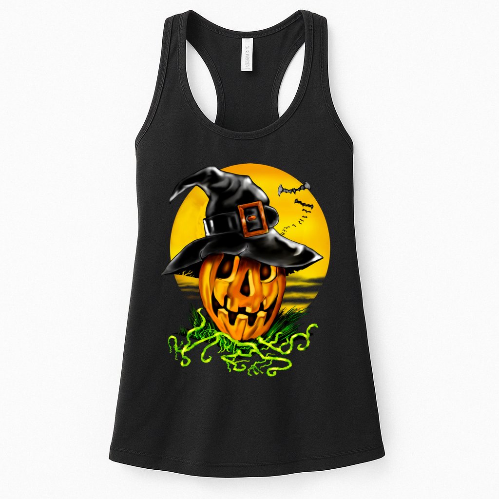 Halloween Pumpkin Wearing Witch Hat Womens Tank Top