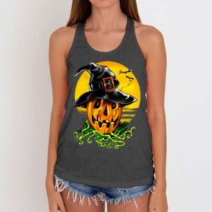 Halloween Pumpkin Wearing Witch Hat Women's Knotted Racerback Tank