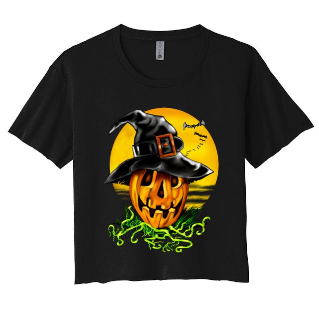 Halloween Pumpkin Wearing Witch Hat Crop Top