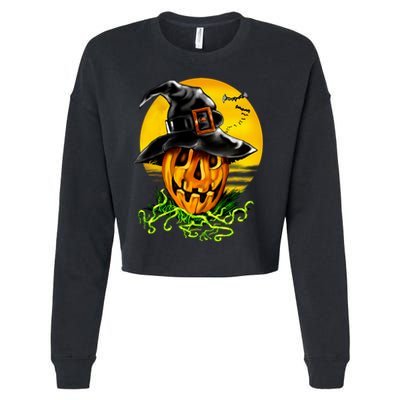 Halloween Pumpkin Wearing Witch Hat Cropped Pullover Crew