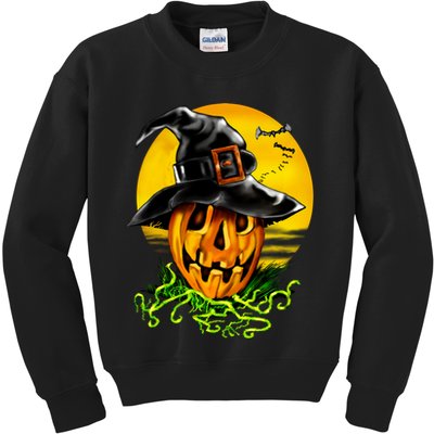 Halloween Pumpkin Wearing Witch Hat Kids Sweatshirt