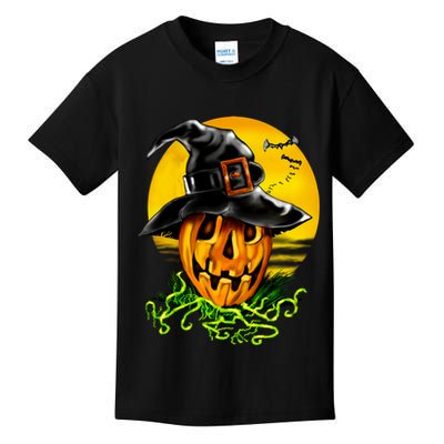 Halloween Pumpkin Wearing Witch Hat Kids T-Shirt