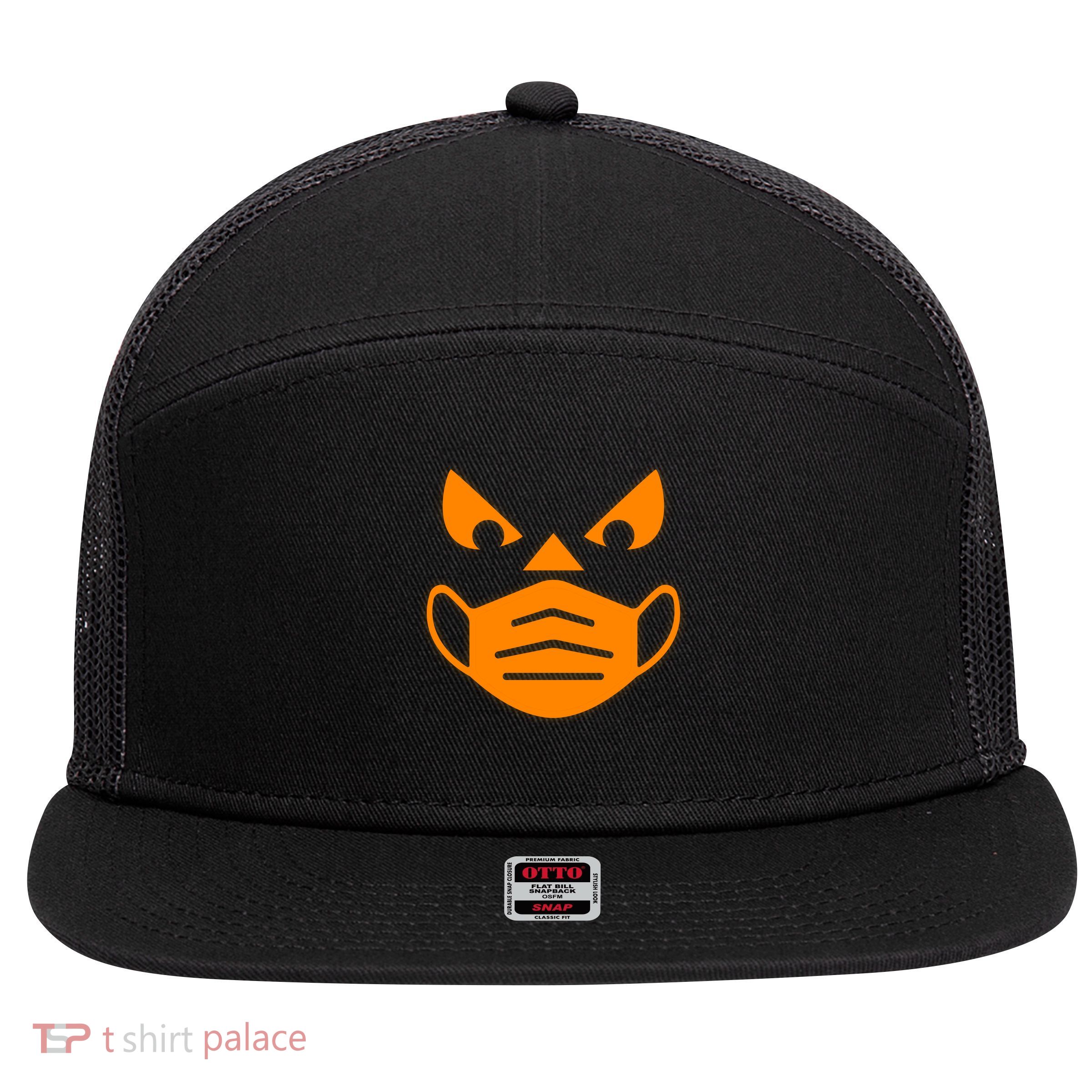 Halloween Quarantine Cut Out Jack O'Lantern Wearing Mask 7 Panel Mesh Trucker Snapback Hat