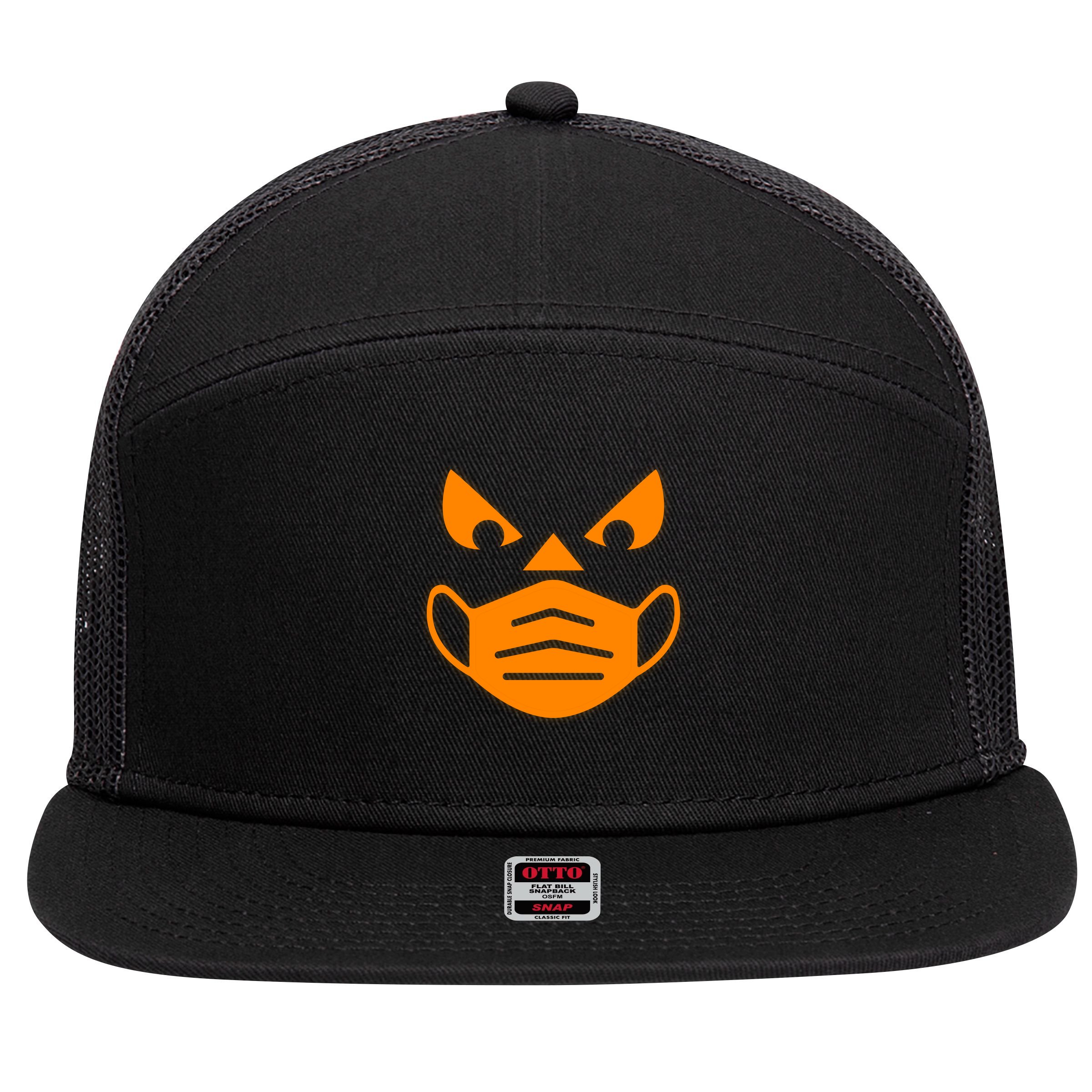 Halloween Quarantine Cut Out Jack O'Lantern Wearing Mask 7 Panel Mesh Trucker Snapback Hat