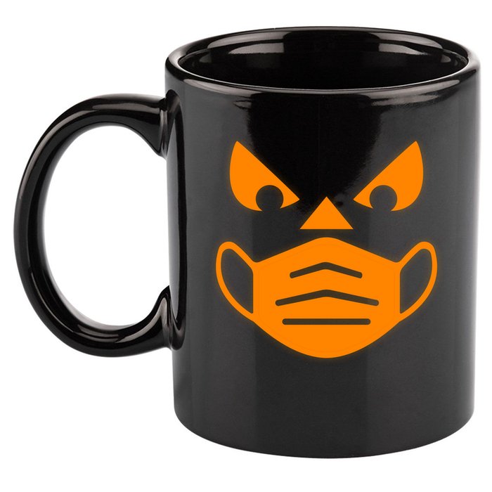 Halloween Quarantine Cut Out Jack O'Lantern Wearing Mask 11oz C Handle Ceramic Mug