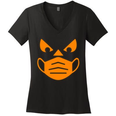 Halloween Quarantine Cut Out Jack O'Lantern Wearing Mask Women's V-Neck T-Shirt