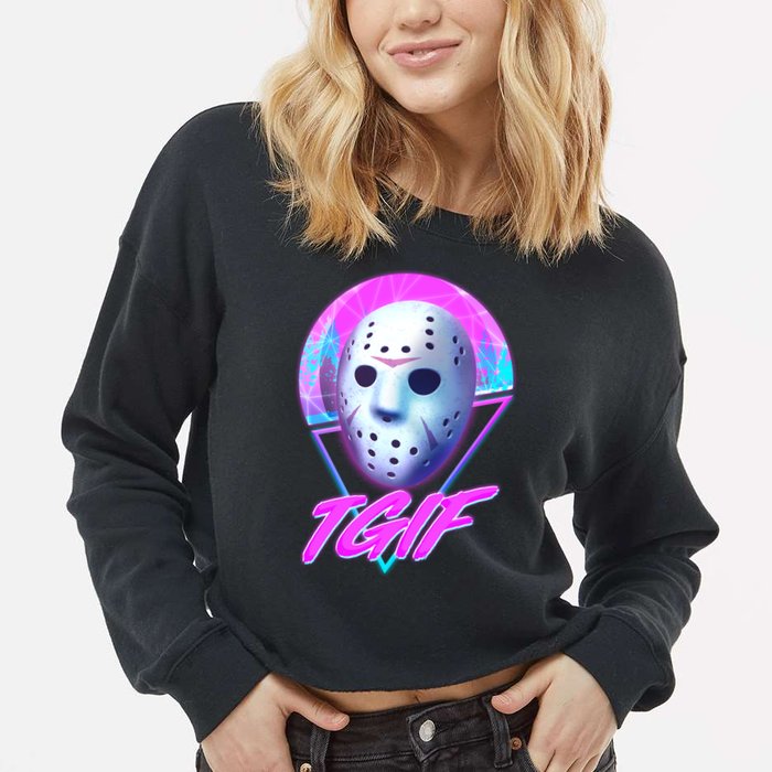 Halloween Retro 80's TGIF Jason Mask Cropped Pullover Crew