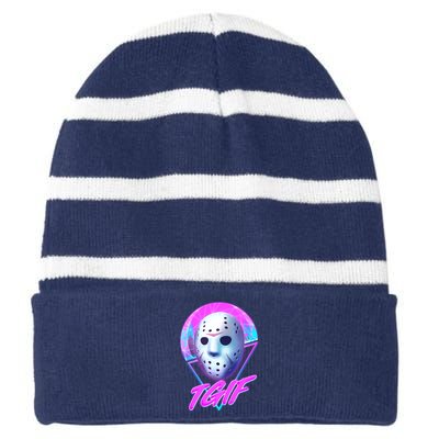 Halloween Retro 80's TGIF Jason Mask Striped Beanie with Solid Band