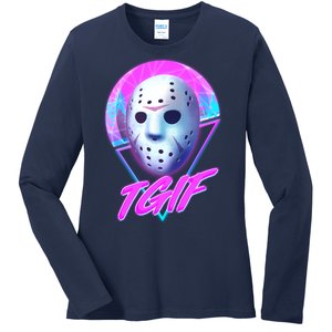 Halloween Retro 80's TGIF Jason Mask Ladies Long Sleeve Shirt