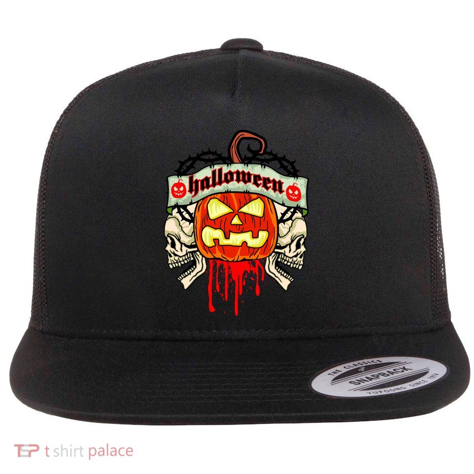 Halloween Skulls Bloody Pumpkin Flat Bill Trucker Hat