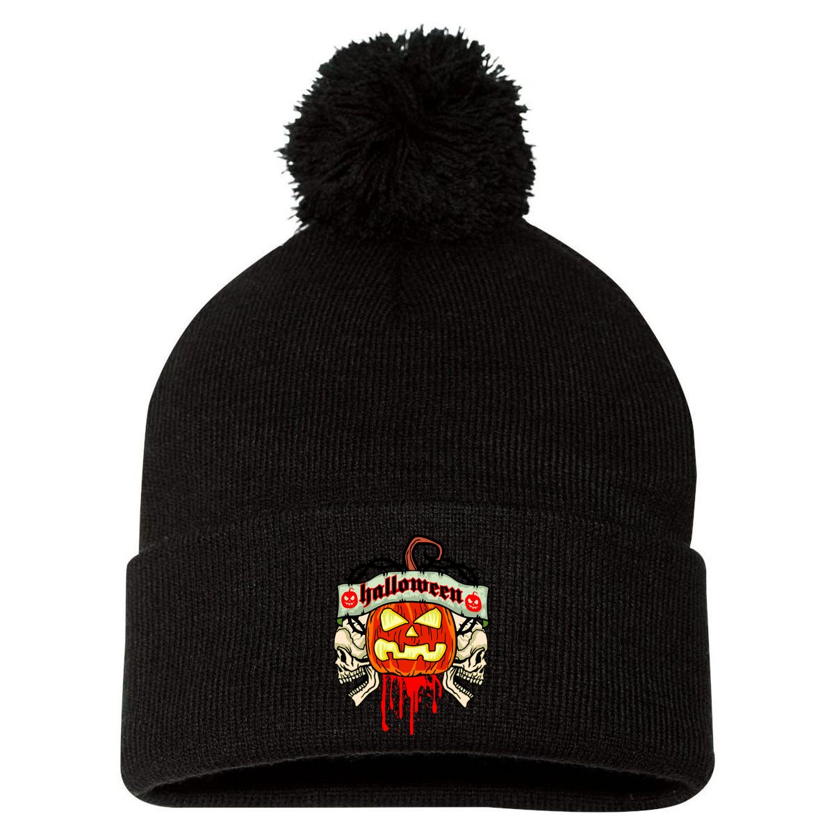 Halloween Skulls Bloody Pumpkin Pom Pom 12in Knit Beanie