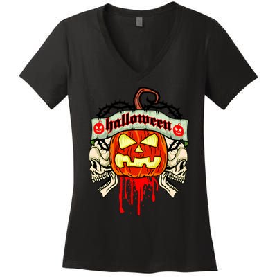 Halloween Skulls Bloody Pumpkin Women's V-Neck T-Shirt