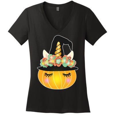 Halloween Uni-Pumpkin Sparkly Cute Women's V-Neck T-Shirt