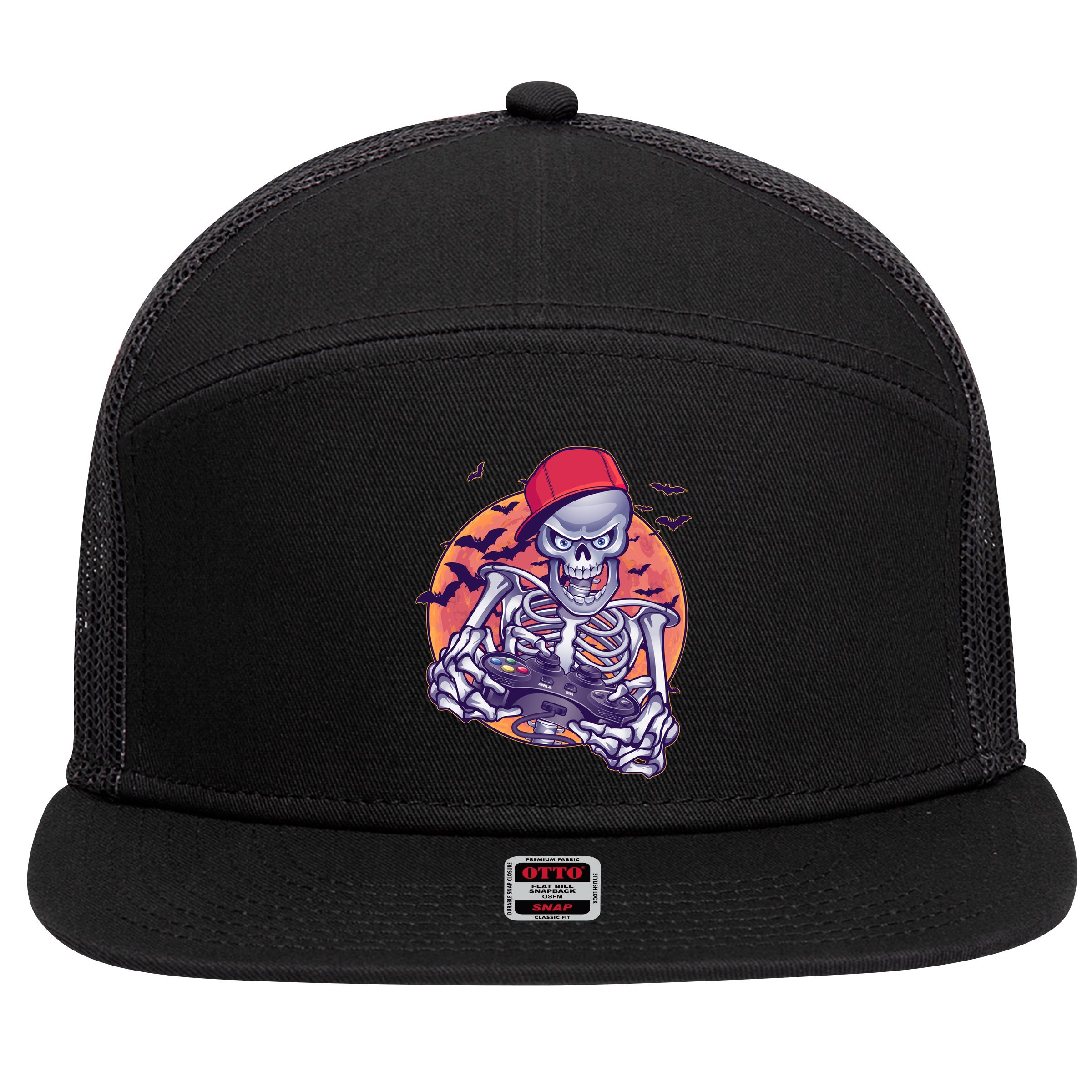 Halloween Video Gamer Skeleton 7 Panel Mesh Trucker Snapback Hat