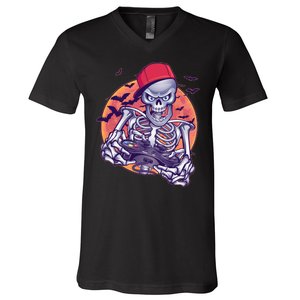 Halloween Video Gamer Skeleton V-Neck T-Shirt