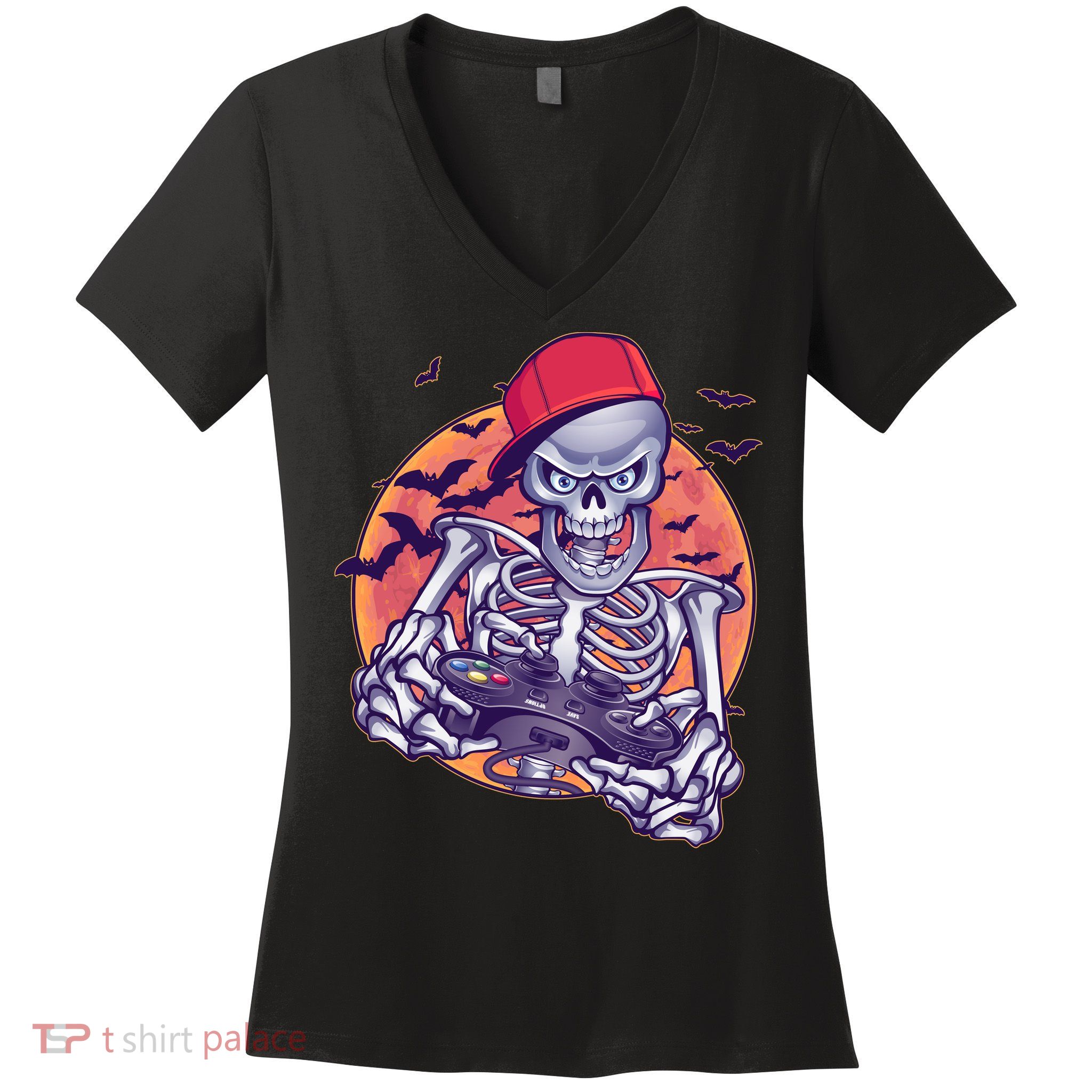 Halloween Video Gamer Skeleton Women's V-Neck T-Shirt