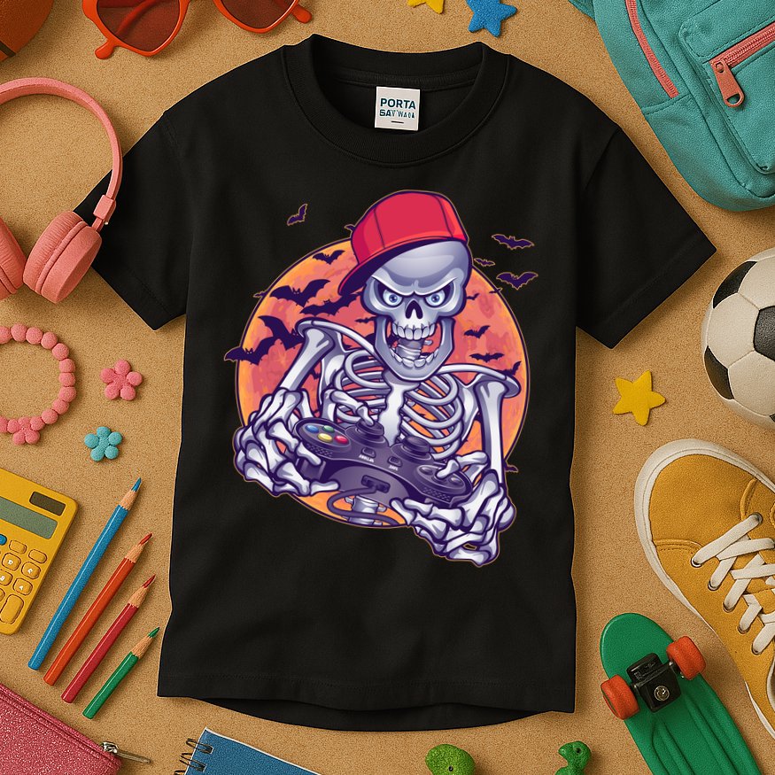 Halloween Video Gamer Skeleton Kids T-Shirt