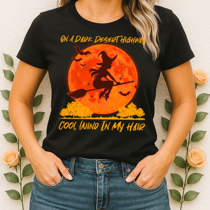 Halloween Witch On A Dark Desert Highway Womens T-Shirt