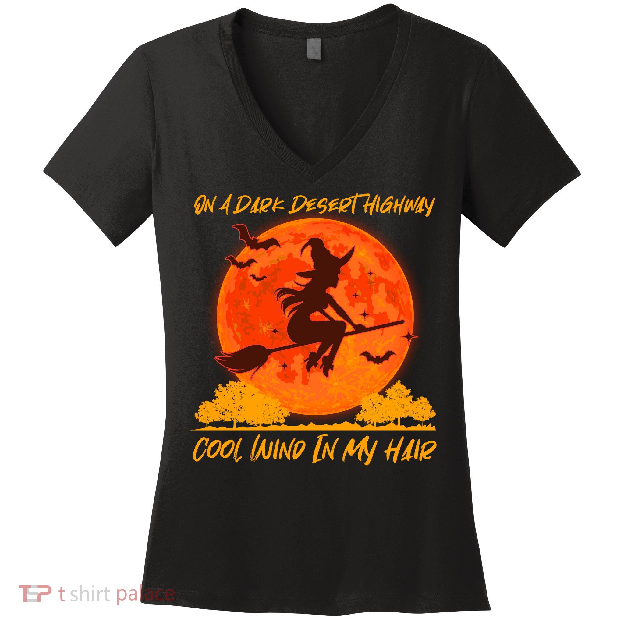 Halloween Witch On A Dark Desert Highway Women's V-Neck T-Shirt