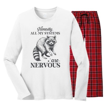 Honestly All My Systems Are Nervous Raccoon Women's Long Sleeve Flannel Pajama Set 