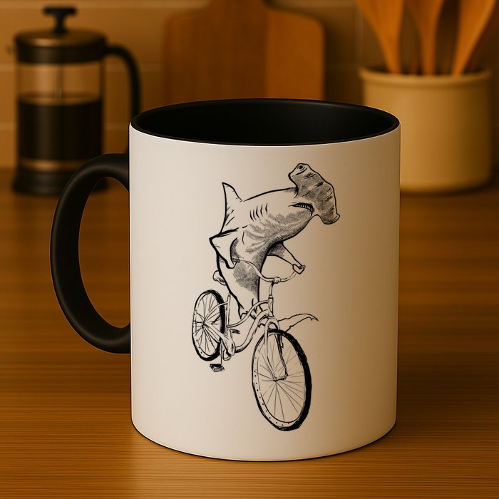 Hammerhead Shark Riding Bicycle Mug