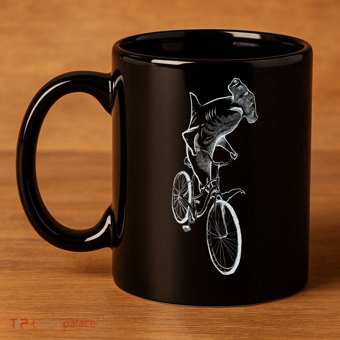 Hammerhead Shark Riding Bicycle 11oz C Handle Ceramic Mug