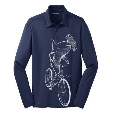 Hammerhead Shark Riding Bicycle Silk Touch Performance Long Sleeve Polo