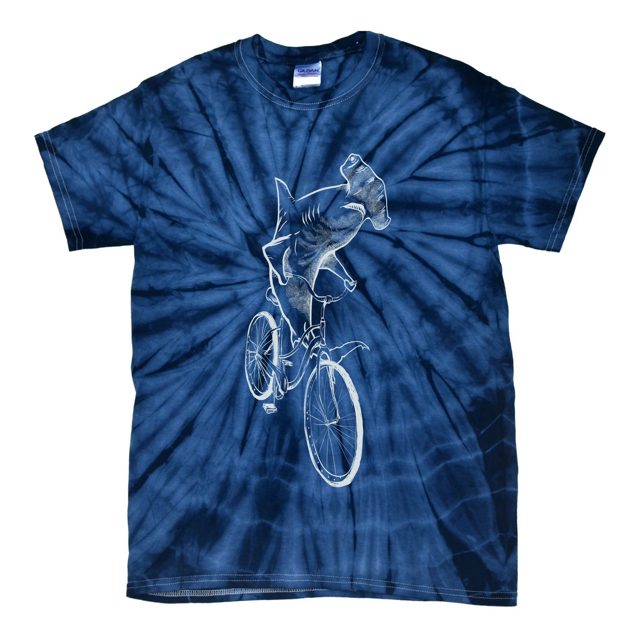 Hammerhead Shark Riding Bicycle Tie-Dye T-Shirt