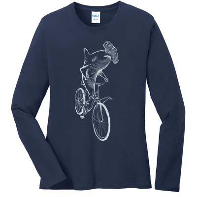 Hammerhead Shark Riding Bicycle Ladies Long Sleeve Shirt