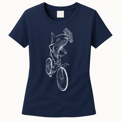 Hammerhead Shark Riding Bicycle Womens T-Shirt